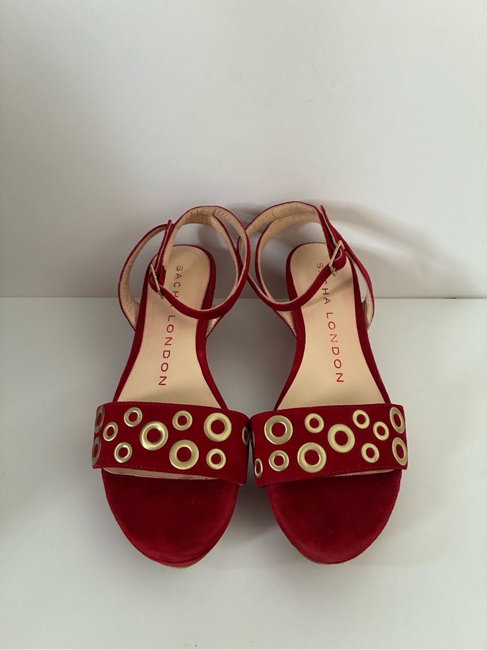 Sacha London Red Suede Wedge Sandals with Gold Grommet Detail Sz. 7